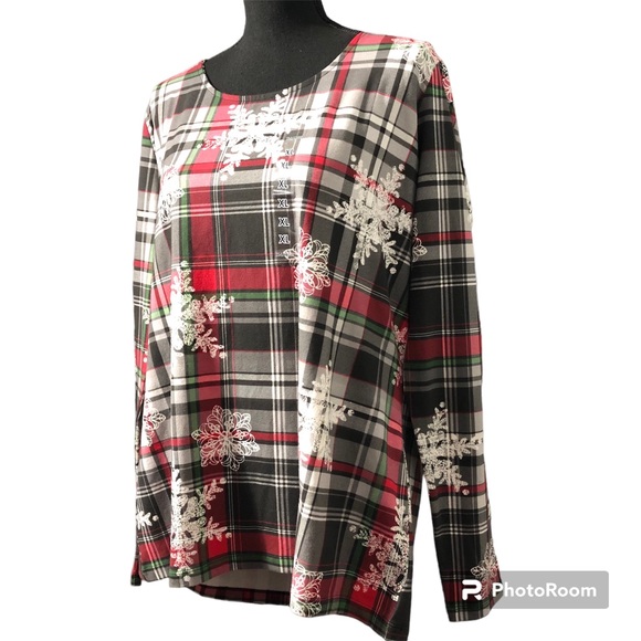 Kim Rogers Plaid Scoop Long Sleeve Top New With Tags Snowflakes - Picture 2 of 7